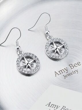 Silver Plated Compass Star Dangle Earrings with CZ Accents. New.